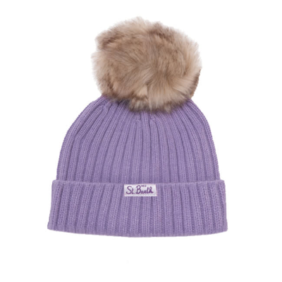 Shop Mc2 Saint Barth Girl Hat With Pompon And Snow Angel Embroidery In Purple