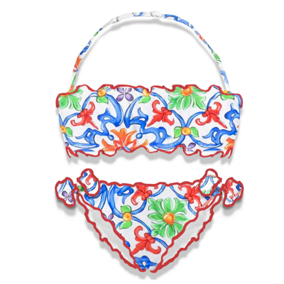 Shop Mc2 Saint Barth Girl Bandeau Bikini With Majolica Print In Multicolor