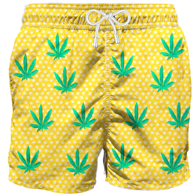 Shop Mc2 Saint Barth Embroidered Leaves Mid-length Swim Short In Yellow