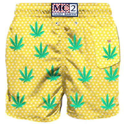 Shop Mc2 Saint Barth Embroidered Leaves Mid-length Swim Short In Yellow