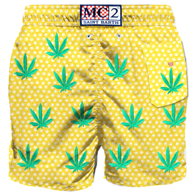Mc2 Saint Barth Embroidered Leaves Mid-length Swim Short In Yellow