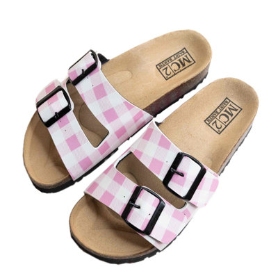 Shop Mc2 Saint Barth Cork Sandals Pink Gingham Print