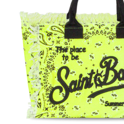 Mc2 Saint Barth Colette Cotton Canvas Bag With Fluo Yellow Bandanna Print In Yellow