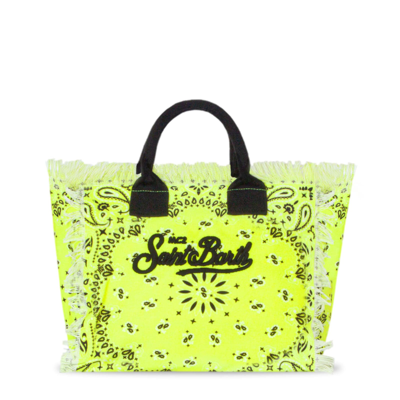 Mc2 Saint Barth Colette Cotton Canvas Bag With Fluo Yellow Bandanna Print In Yellow