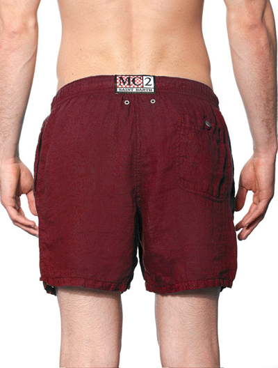 Mc2 Saint Barth Solid Bordeaux Mid-length Linen Swim Shorts In Red