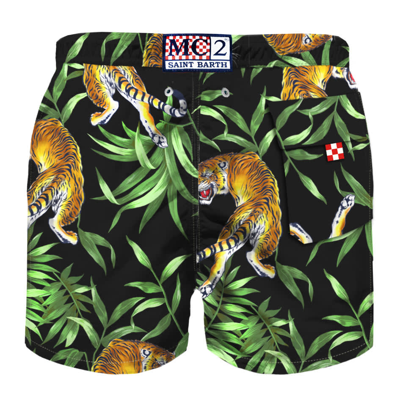 Shop Mc2 Saint Barth Boy Swim Shorts With Tiger Print In Black