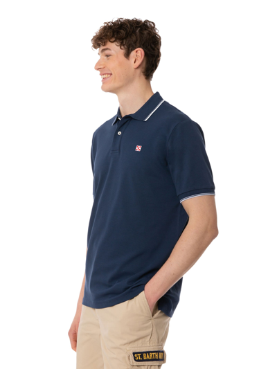 Mc2 Saint Barth Blue Navy Piquet Polo With St. Barth Logo In Blue