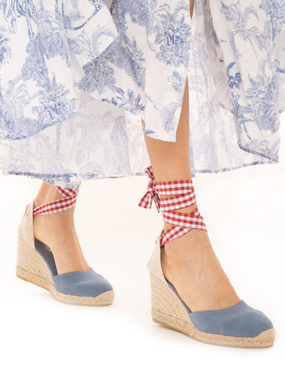 Shop Mc2 Saint Barth Blu Print Canvas Espadrillas With Hight Wedge And Ankle Lace In Blue