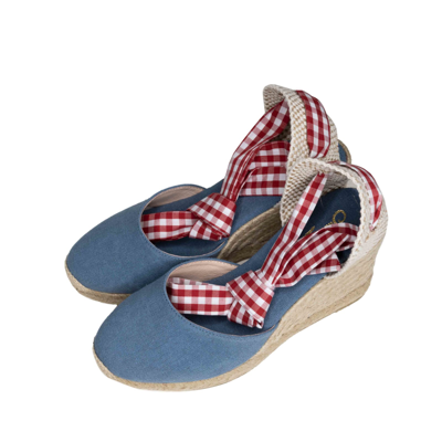 Shop Mc2 Saint Barth Blu Print Canvas Espadrillas With Hight Wedge And Ankle Lace In Blue