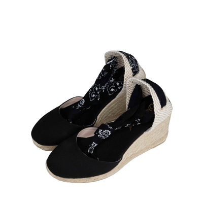 Shop Mc2 Saint Barth Black Print Canvas Espadrillas With Hight Wedge And Ankle Lace