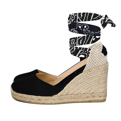 Shop Mc2 Saint Barth Black Print Canvas Espadrillas With Hight Wedge And Ankle Lace