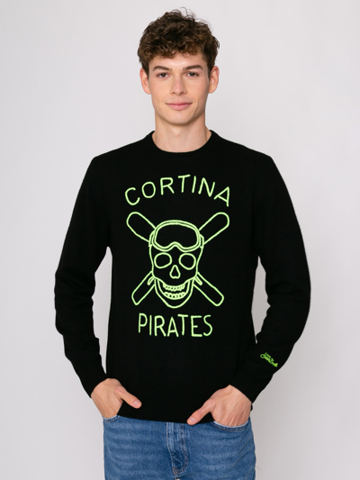 Shop Mc2 Saint Barth Black Man Sweater Cortina Pirates Fluo Embroidery