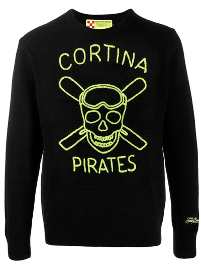 Mc2 Saint Barth Black Man Sweater Cortina Pirates Fluo Embroidery In Black