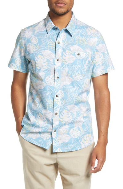 Travismathew Lift A Glass Leaf Print Stretch Short Sleeve Button-up Shirt In Blue/ White