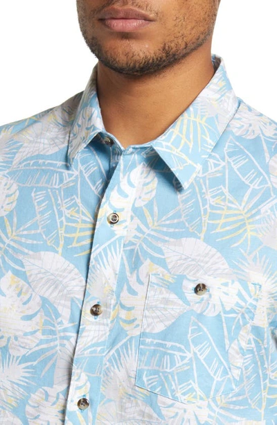 Travismathew Lift A Glass Leaf Print Stretch Short Sleeve Button-up Shirt In Blue/ White