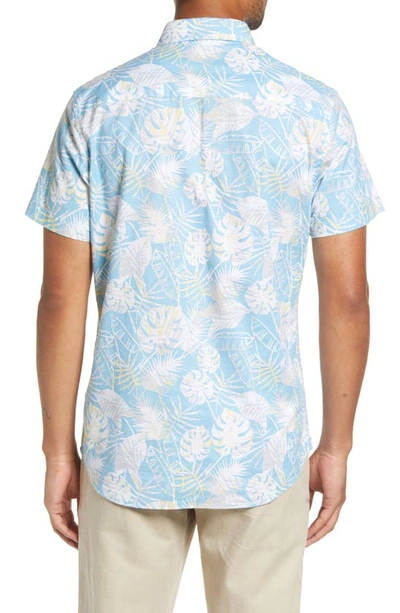 Travismathew Lift A Glass Leaf Print Stretch Short Sleeve Button-up Shirt In Blue/ White