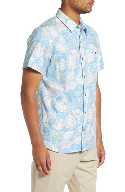 Travismathew Lift A Glass Leaf Print Stretch Short Sleeve Button-up Shirt In Blue/ White
