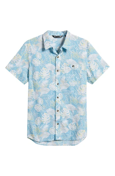 Travismathew Lift A Glass Leaf Print Stretch Short Sleeve Button-up Shirt In Blue/ White