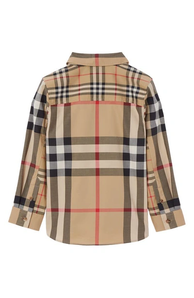 Shop Burberry Kids' Patchwork Check Stretch Cotton Button-up Shirt In Archive Beige Ip Chk