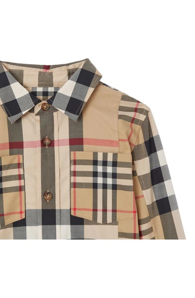 Shop Burberry Kids' Patchwork Check Stretch Cotton Button-up Shirt In Archive Beige Ip Chk