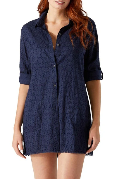 Shop Tommy Bahama Cotton Clip Jacquard Boyfriend Cover-up Shirt In Mare Navy