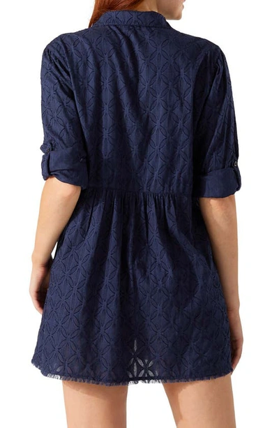 Shop Tommy Bahama Cotton Clip Jacquard Boyfriend Cover-up Shirt In Mare Navy