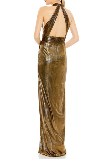Shop Mac Duggal Metallic Halter Neck Gown In Antique Gold