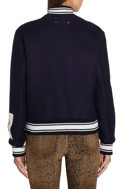Golden Goose Wool Blend Bomber With Embroidered Logo In Dark Blue