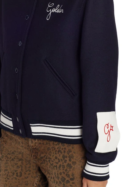 Golden Goose Wool Blend Bomber With Embroidered Logo In Dark Blue
