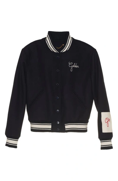Golden Goose Wool Blend Bomber With Embroidered Logo In Dark Blue