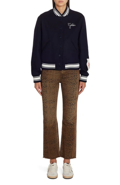 Golden Goose Wool Blend Bomber With Embroidered Logo In Dark Blue