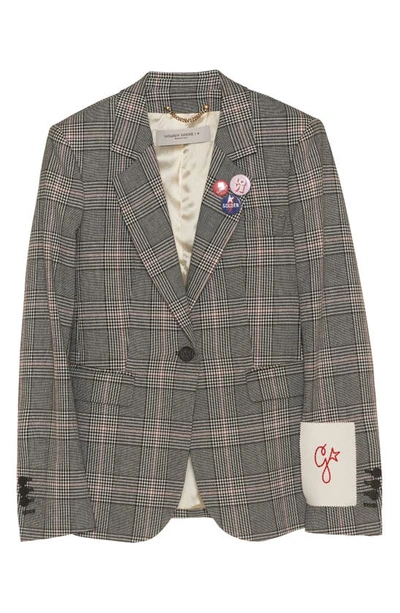 Golden Goose Golden Single Breasted Tom Boy Blazer Prince Of Wales Wool In Grey/ Bone White
