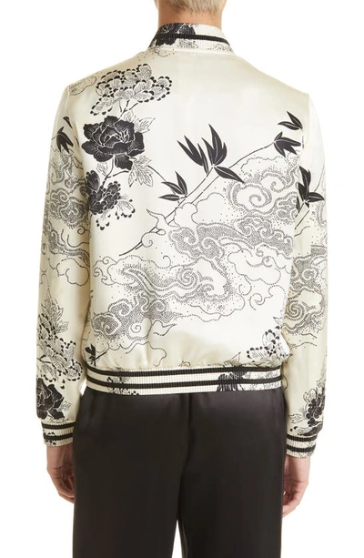 Shop Saint Laurent Japanese Print Silk Satin Bomber Jacket In 9787 - Craie Noir