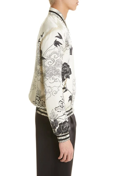 Shop Saint Laurent Japanese Print Silk Satin Bomber Jacket In 9787 - Craie Noir