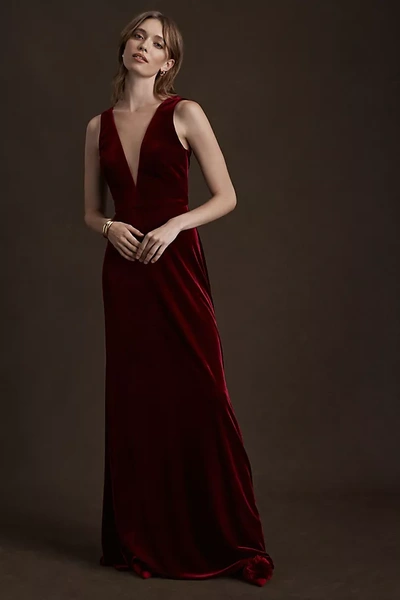 Shop Jenny Yoo Logan Deep-v Velvet Column Gown In Red