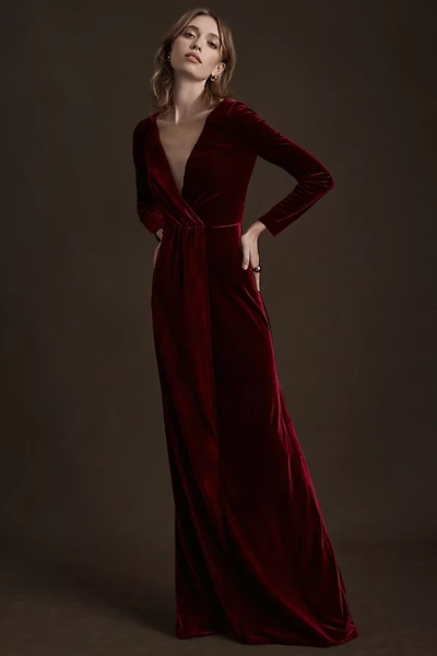 Shop Jenny Yoo Ryland V-neck Long-sleeve Open-back Stretch Velvet Gown In Red