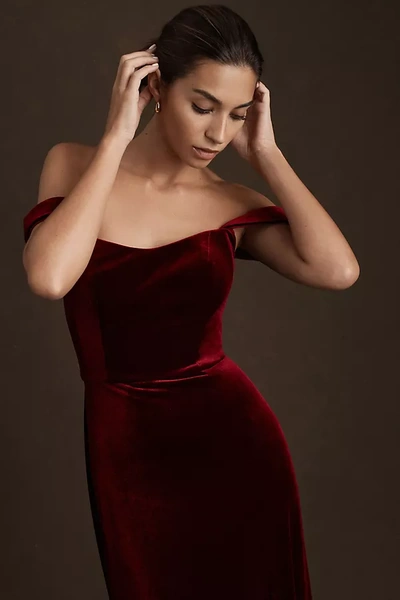 Shop Jenny Yoo Issa Off-the-shoulder Stretch Velvet Column Gown In Red