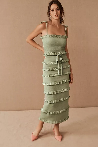 Shop V. Chapman Lily Ruched & Ruffled Stretch Midi Dress In Green