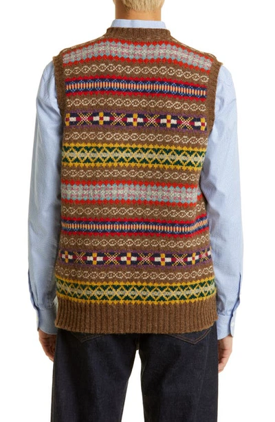 Shop Drake's Fair Isle V-neck Wool Sweater Vest In Tan