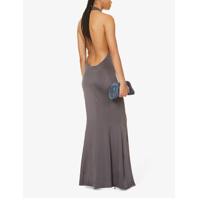 House Of Cb Juliette Halter-neck Split-hem Stretch-woven Maxi Dress In Shadow
