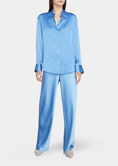 Shop Vince Shaped-collar Long-sleeve Silk Blouse In Palisade