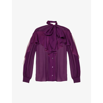 Shop Alberta Ferretti Ruffle-trim Sheer Silk Blouse In Violet