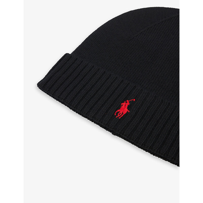 Shop Polo Ralph Lauren Men's Polo Black Logo-embroidered Merino-wool Beanie Hat