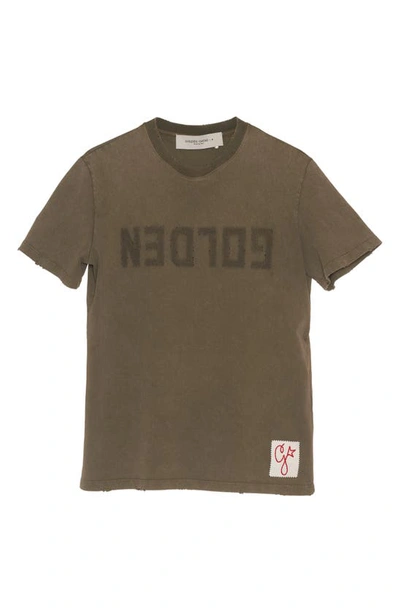 Shop Golden Goose Distressed Cotton Logo Tee In Dusty Olive