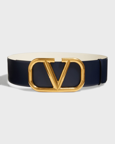 Shop Valentino Vlogo 70mm Wide Box Leather Belt In Marine/lt Ivory