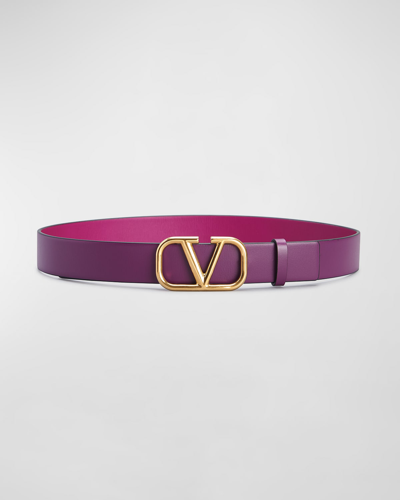 Shop Valentino Vlogo Reversible Leather Belt In Prune/rose Violet