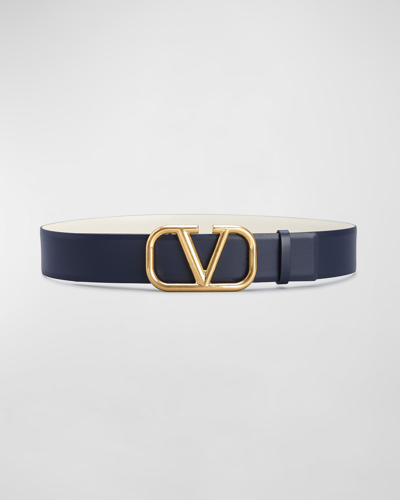 Shop Valentino Vlogo Leather Belt In Marine/lt Ivory