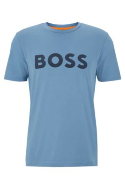 Shop Hugo Boss Cotton-jersey T-shirt With Rubber-print Logo In Light Blue