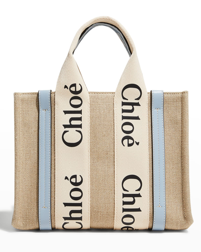 Shop Chloé Woody Small Tote Bag In Linen With Crossbody Strap In White/blue