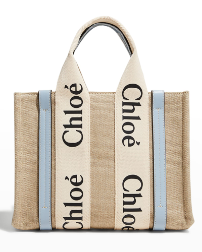 Chloé Woody Small Tote Bag In Linen With Crossbody Strap In White/blue